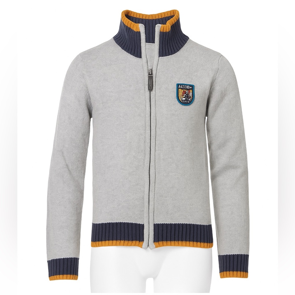 IZOD Gray Tiger Embroidered Zip Up Cardigan Navy Mustard Trim Boys 6/7